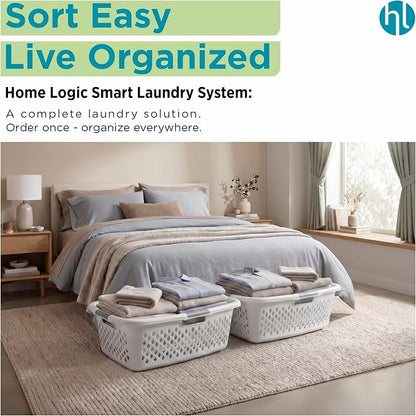 Home Logic 1.5 Bushel Plastic Laundry Basket Front Load, Large Laundry Hamper with Handles, Ventilated Clothes Organizer for Bedroom Bathroom Closet, 2 Pack, White