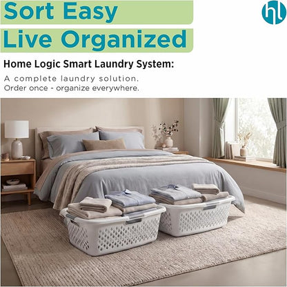 Home Logic 1.5 Bushel Plastic Laundry Basket Front Load, Large Laundry Hamper with Handles, Ventilated Clothes Organizer for Bedroom Bathroom Closet, 4 Pack, White
