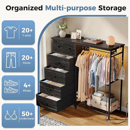 OLIXIS 6 Storage for Bedroom with Hanging Rack with LED Lights & Charging Station, Fabric Chest of Storage with Rack, Wooden Top, for Home Living Room Entryway Black Wood Grain