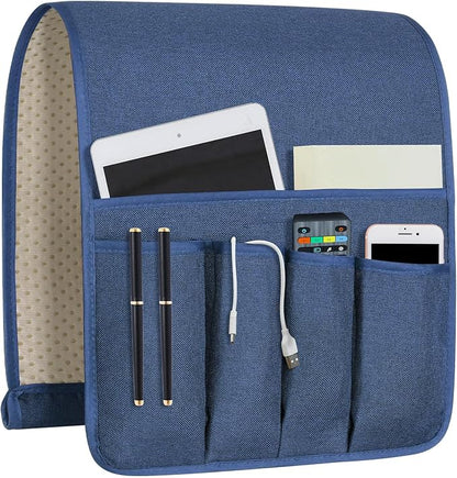 NB Remote Control Holder，Bedside & Armchair & Couch Caddy with Non-Slip Base，5 Pockets Oxford Fabric Bed Desk Storage Pocket for Phone Tablet Kindle Magazines，Gifts for Seniors (Blue， 35"X12.4")