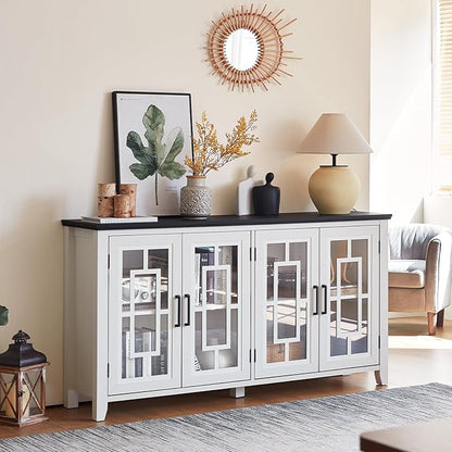 Large Sideboard Buffet Cabinet with Storage, 63" Farmhouse White Kitchen Coffee Wine Bar Cabinet with 4 Glass Doors, Wood Mid Century Modern Side Board Table for Dining Room, Living Room