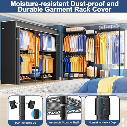 Ulif E12C Heavy Duty Closet Organizer System，Freestanding Clothing Rack, Adjustable Garment Rack 71" W x 16" D x 76.5" H Holds 960 lbs, Black Rack with Black Dustproof Cover