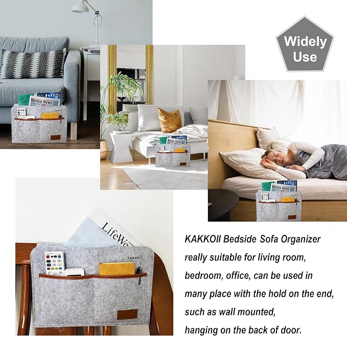 Bedside Caddy, Sofa Caddy, Storage Organizer Pocket for Dorm, Bedroom, 5 Pockets Felt Organizer for Magazine, Remote, Phone, Tablet, Pad, Glasses, Pen, Remote Control (Grey-Short)