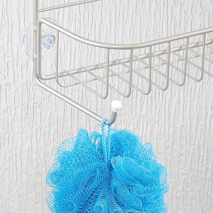 mDesign Extra Wide Metal Wire Over the Bathroom Shower Door Caddy, Hanging Storage Organizer with Built-In Hooks and Baskets on 2 Levels for Shampoo, Body Wash, Loofahs, Rust Resistant - Satin