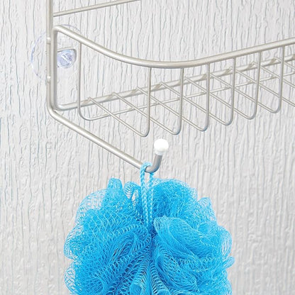 mDesign Extra Wide Metal Wire Over the Bathroom Shower Door Caddy, Hanging Storage Organizer with Built-In Hooks and Baskets on 2 Levels for Shampoo, Body Wash, Loofahs, Rust Resistant - Satin