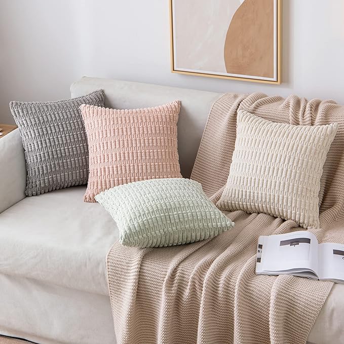 MIULEE Pack of 2 Corduroy Decorative Throw Pillow Covers 18x18 Inch Soft Boho Striped Pillow Covers Modern Farmhouse Home Decor for Sofa Living Room Couch Bed Pink Spring Valentine Decor