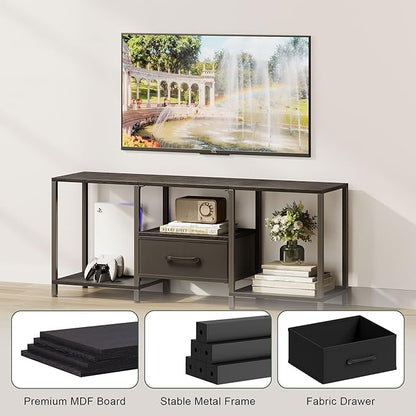 JARHETUN TV Stand with Fabric Drawer for 55 Inch TV, Entertainment Center with Open Shelves, Media TV Console Table for Living Room, Bedroom, Black
