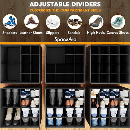 SpaceAid Shoe Organizer for Closet, 2 Pack Foldable Shoe Storage Containers Baskets Boxes Bins w/Adjustable Dividers, Fits 16-32 Pairs, Black
