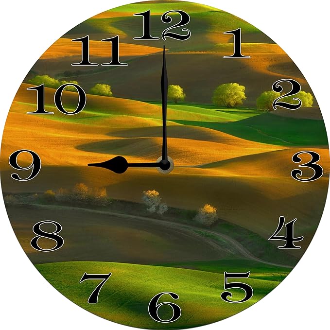 Lawn Scenery Wall Clock 10 Inch Silent Non Ticking Battery Operated Wooden Modern Office Simple Minimalist Clock Decorative for Kitchen Home Bathroom Living Room