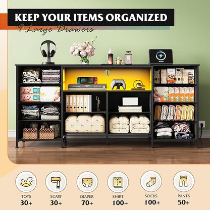 WLIVE 12 Drawer Dresser for Bedroom, Black Dresser TV Stand for 65, 70, 75 inch TV with Led Light & Charging Station, Wide Chest of Drawers with Open Shelves, Fabric Dressers for Closet, Living Room