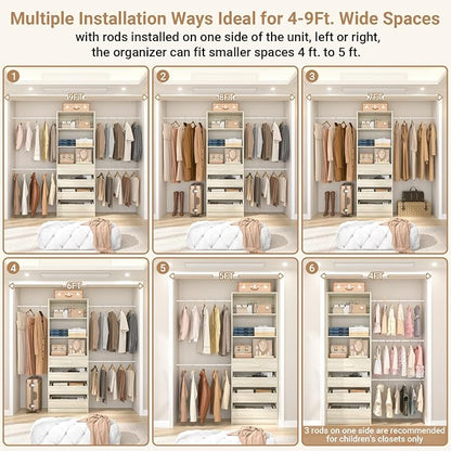 Aheaplus Closet System, 4-9Ft Closet Organizer with 4 Wooden Drawers, Wood Closet Organizer System with Tower, Walk-in Closet Organizer Wardrobe Garment Clothes Rack with 4 Hanging Rods, 2White Oak