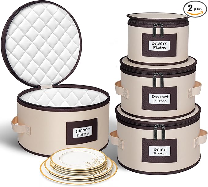 punemi China Storage Containers, 4 Pack Hard Shell Plate Dish Storage Cases with Padded Dividers & Quilted Lining, Stackable Dinnerware Storage Protectors for Moving Boxes & Holiday Storage, Beige