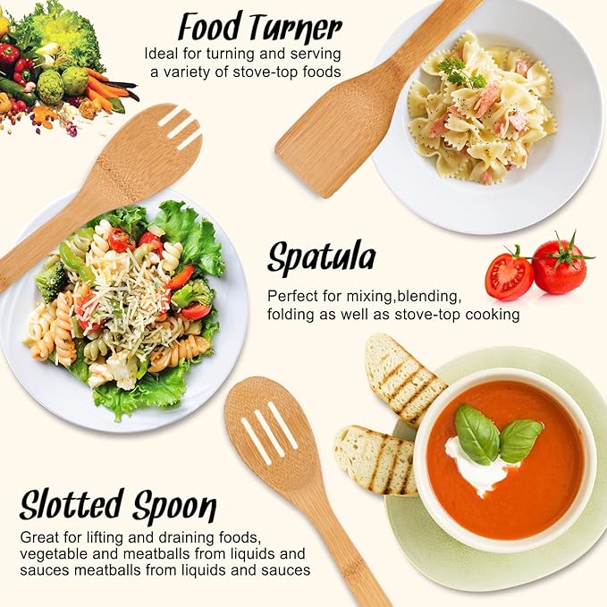Wooden Spoons for Cooking,Heat-resistant Wood Serving Utensil Set Ideal for Kitchen Nonstick Cookware Everyday Use,Bamboo Cooking Spoon Spatula