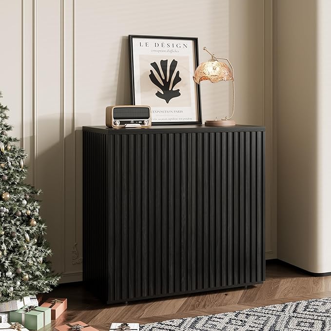 Rophefx Fluted Sideboard Cabinet, Buffet Cabinet with Storage, Credenza Storage Cabinets with Adjustable Shelf, Wood Entryway Cabinets with Pop-up Doors for Living Room, Entryway, Hallway, Black Grey