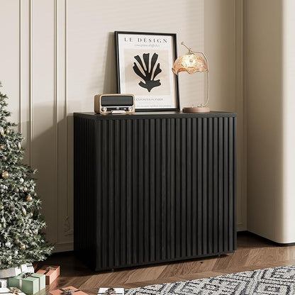 Rophefx Fluted Sideboard Cabinet, Buffet Cabinet with Storage, Credenza Storage Cabinets with Adjustable Shelf, Wood Entryway Cabinets with Pop-up Doors for Living Room, Entryway, Hallway, Black Grey