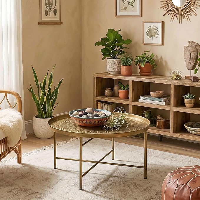 HOMCOM 24" Round Coffee Table with Hammered Tray Top, Vintage Metal Center Table for Living Room, Bedroom, Side Table, Gold