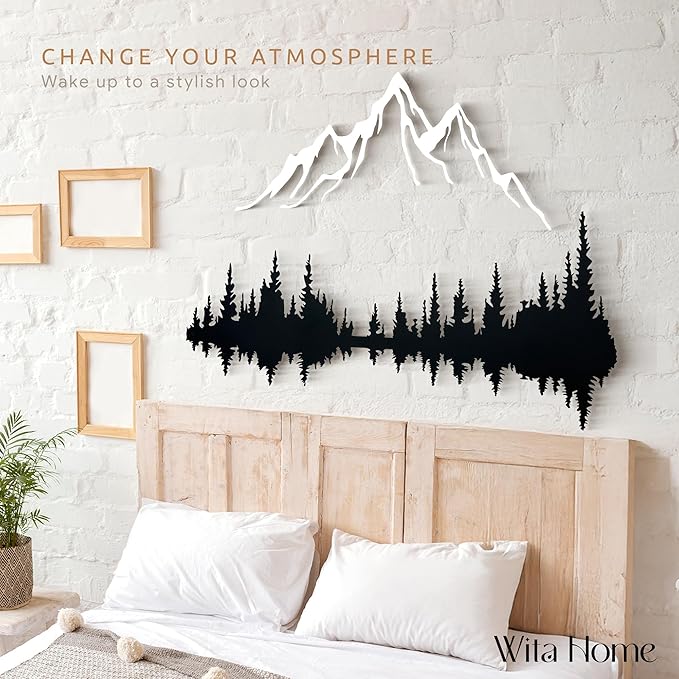 Wita Home Mountain and Forest Metal Wall Art, Wall Mounted Home Decor, Pine Trees and Nature Wall Art for Living Room, Bedroom or Office, Large Outdoor Wall Decor, Nature Christmas Decor (White Mountain-Black Forest, 48x32 inches)