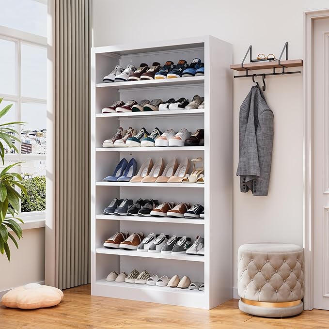 7-Tier Heavy Duty Steel Storage Shoe Rack - Adjustable Shelving Unit with Back Panel for Home, Office & Garage Use - 55" Tall Metal Shoe Organizer Shelf (White, 7 Tier-55 H*27.6W)