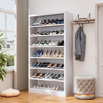 7-Tier Heavy Duty Steel Storage Shoe Rack - Adjustable Shelving Unit with Back Panel for Home, Office & Garage Use - 55" Tall Metal Shoe Organizer Shelf (White, 7 Tier-55 H*27.6W)