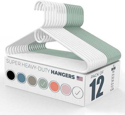 Neaties Super Heavy Duty Clothes Hangers 12 Pack – Made in The USA - 10lb Capacity, Thick Plastic Hangers for Pants, Coats, Jackets, Jeans and Adult Clothing – White & Mint