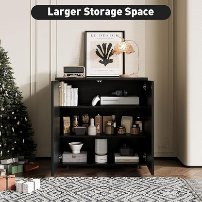 Rophefx Fluted Sideboard Cabinet, Buffet Cabinet with Storage, Credenza Storage Cabinets with Adjustable Shelf, Wood Entryway Cabinets with Pop-up Doors for Living Room, Entryway, Hallway, Black Grey