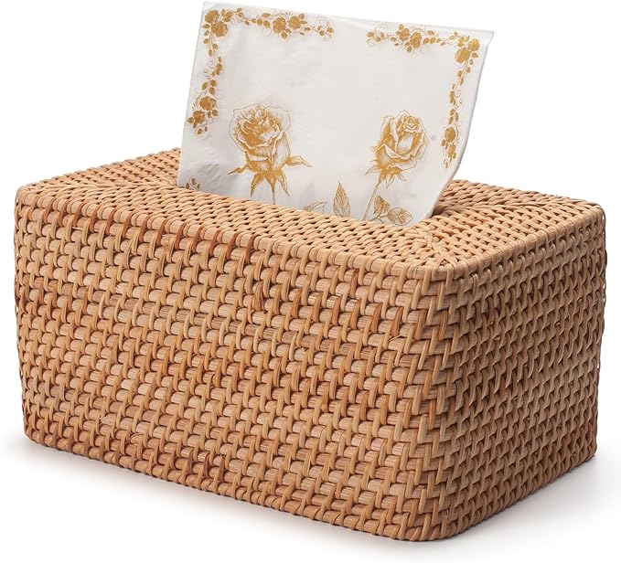 Rattan Tissue Box Cover, Rectangle Wicker Tissue Box Holder, Boho Tissue Box Cover for Living Room, Bathroom, Kitchen, Bedroom, 10.2 x 6.2 x 5.3 inch, Natural