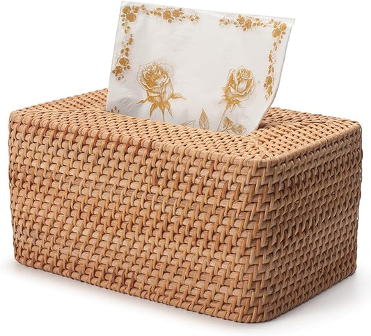 Rattan Tissue Box Cover, Rectangle Wicker Tissue Box Holder, Boho Tissue Box Cover for Living Room, Bathroom, Kitchen, Bedroom, 10.2 x 6.2 x 5.3 inch, Natural