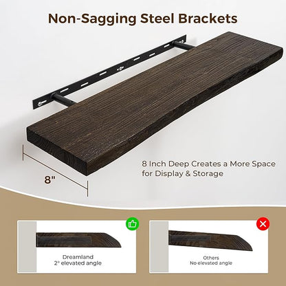 Rustic Wood Floating Shelves for Wall Decor, Reclaimed Elm Wood Live Edge Shelves 48 Inch Long, 8 Inch Deep Floating Shelf for Living Room Bathroom Bedroom, 48 x 8 Wall Shelves Set of 1, Walnut Color