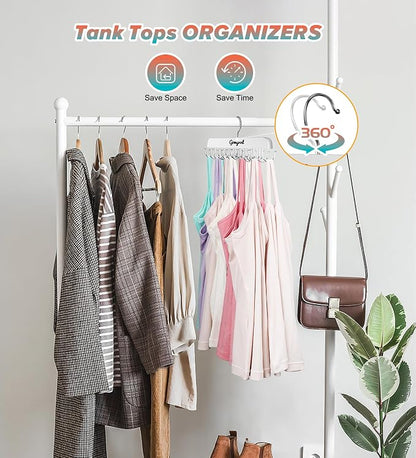 Gomyrod Bra Hanger for Closet, 1 Pack Tank Top Hanger w/20 Hooks Capacity Foldable Wood Space Saving Hangers, 360°Rotating Closet Organizers and Storage for Dorm & Apartment for Bra Scarf Ties(White)