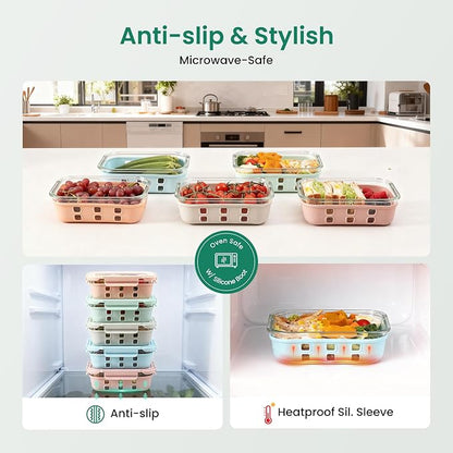 GENICOOK Glass Meal Prep Containers 5 Pack, 4.4 Cup Airtight Leakproof Lids, Borosilicate Glass Food Storage Containers, Microwave Oven Freezer Safe, BPA Free Lunch Containers