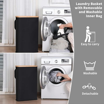iEGrow 60L Slim Laundry Hamper, Narrow Laundry Basket with Lid,Foldable Clothes Hamper with Bamboo Handles,Hamper Basket with Removable Inner Bag for Laundry Room Bedroom College Dorm,Black