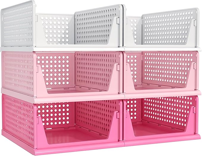 Pink Girl Closet Organizers and Storage Stackable Plastic Drawer Basket for Clothing Stackable Storage Bins Shelf Storage Container for RV Closet Wardrobe Bedroom Bathroom Playroom 6 Pack