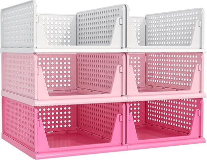 Pink Girl Closet Organizers and Storage Stackable Plastic Drawer Basket for Clothing Stackable Storage Bins Shelf Storage Container for RV Closet Wardrobe Bedroom Bathroom Playroom 6 Pack