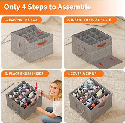 Aokeyee Shoe Organizer for Closet, 2 Pack Foldable Shoe Storage Organizer Box w/Clear Cover and 4 Reinforced Handles, Space Saving Shoes Bin Fits up to 16-32 Pairs, Grey