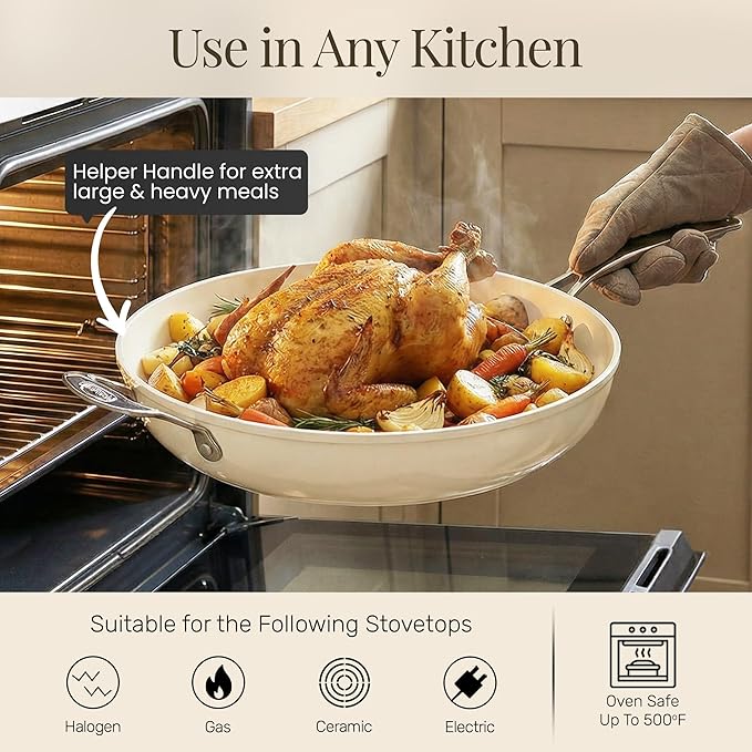 GOTHAM STEEL Cream 14 Inch Non Stick Frying Pans, Large Family Sized Nonstick Cooking Pan Skillet, Nonstick, 100% PFOA Free Ceramic Coating, Oven and Dishwasher Safe, Cream White