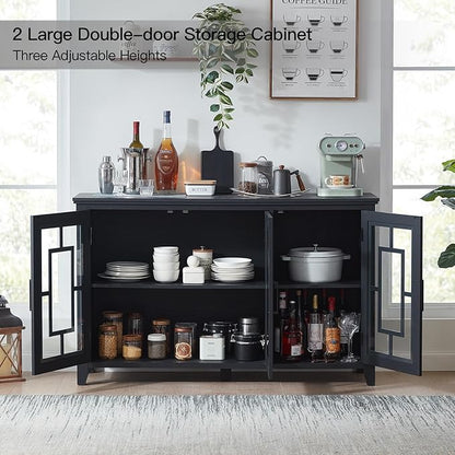 Large Sideboard Buffet Cabinet with Storage, 55" Farmhouse Black Kitchen Coffee Wine Bar Cabinet with 3 Glass Doors, Wood Mid Century Modern Side Board Table for Dining Room, Living Room