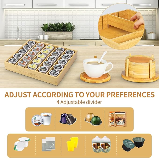 MinBoo Bamboo K Cup Holder for Drawer or Countertop Coffee Pod Holder 25-36 K Cup Pod Storage Tea Bag Organizer Storage for Coffee Station Home Office and Kitchen (Bamboo)