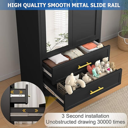 Steel Armoire Wardrobe Closet with Mirror, 71" Metal Clothes Storage Cabinets with 2 Doors, 1 Adjustable Shelf, 2 Drawers, Metal Wardrobe Cabinet with Hanging Rod for Bedroom, Gym, Cloak(Black)