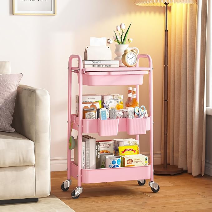 3 Tier Metal Rolling Utility Cart with Drawer & Lockable Wheels - Heavy Duty Multifunctional Storage Organizer with 2 Cups and 4 Hooks for Bathroom, Kitchen, Snack, Craft, Makeup, Baby Essentials