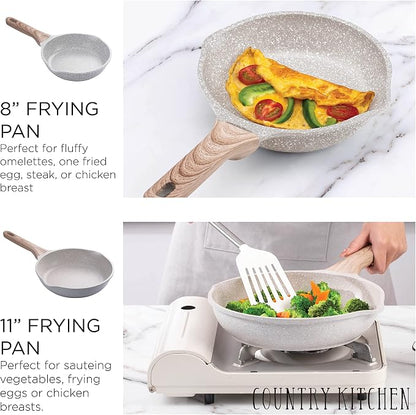 Country Kitchen Non-Stick Cast Aluminum Cookware Set - Durable Kitchen Cookware for Everyday Cooking, Speckled Cream, 8 Pc.