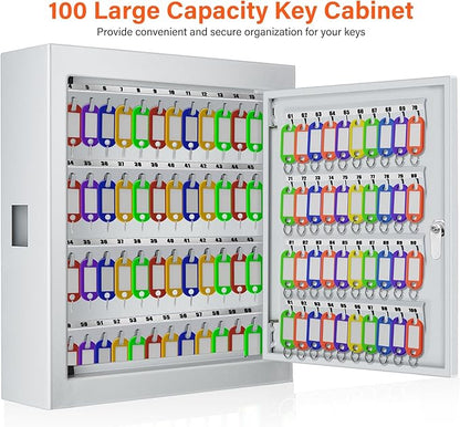 100 Keys White Key Cabinet, Anti-Theft Key Lock Box with Key Tags, Adjustable Key Organizer Wall Safe for Car Office House Garage Rental Business