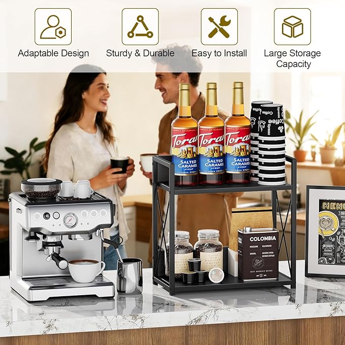 Giikin Kitchen Countertop Organizer, 2 Tier Coffee Bar Organizer, Black Spice Rack for Counter, Kitchen Counter Shelves, Particleboard, Large Size (15.8" L x 7.9" W x 15.8" H), Black