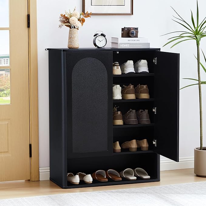 Shoe Cabinet, 5 Tier Wooden Shoe Storage Organizer Cabinet with Adjustable Shelves, Shoes Rack Accent Cabinet for Entryway Hallway Living Room, Black