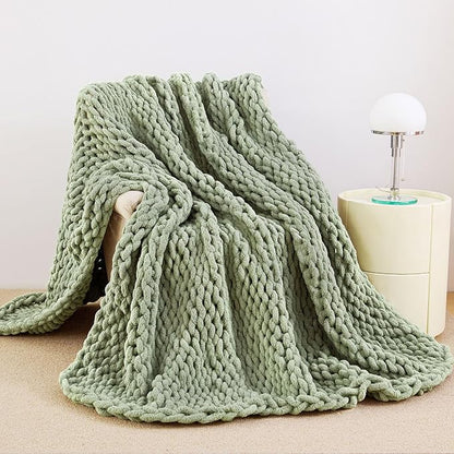 Admitrack Chunky Knit Blanket Throw, 100% Hand Knit Chenille Throw Blanket for Sofa & Home Decor, Soft and Cozy Knitted Throw Blankets (Sage Green, 60"x80")