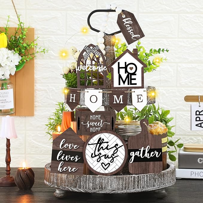 11 Pcs Home Tiered Tray Decor Spring Rustic Farmhouse Tiered Tray Decorations Set Home Wooden Signs Vintage Farm Animal Farmhouse Tabletop Wood Signs for Kitchen Table Shelf Decor