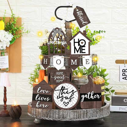 11 Pcs Home Tiered Tray Decor Spring Rustic Farmhouse Tiered Tray Decorations Set Home Wooden Signs Vintage Farm Animal Farmhouse Tabletop Wood Signs for Kitchen Table Shelf Decor