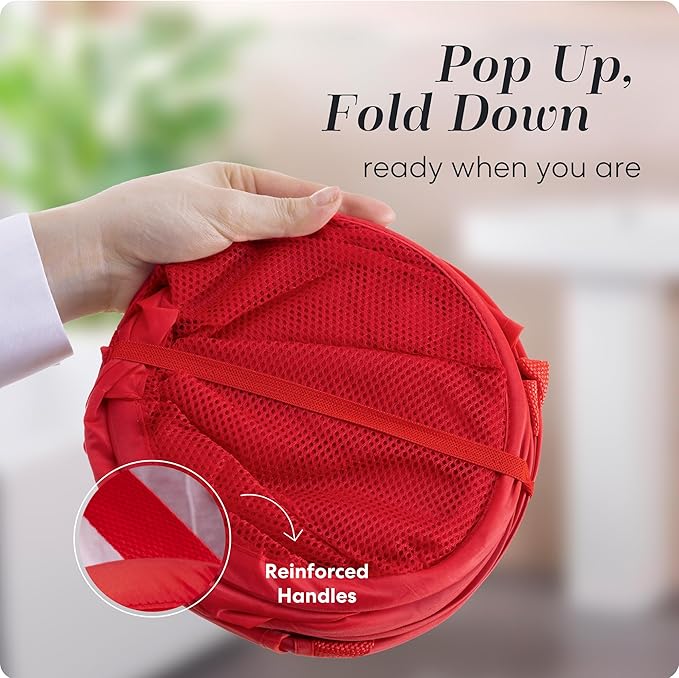 Handy Laundry Collapsible Mesh Pop Up Laundry Hamper 2-Pack – Space-Saving, Breathable Basket with Wide Opening & Side Pocket, Durable & Foldable for Clothes, Storage, Travel, Dorm, Red