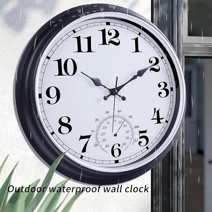 16 Inch Large Outdoor Clock, Retro Waterproof Indoor/Outdoor Clock Non-Ticking Clock with Thermometer, Battery Operated Wall Clock for Patio, Garden, Pool - Black