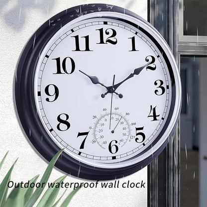 16 Inch Large Outdoor Clock, Retro Waterproof Indoor/Outdoor Clock Non-Ticking Clock with Thermometer, Battery Operated Wall Clock for Patio, Garden, Pool - Black