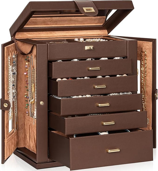 AKOZLIN 6-Tier Jewelry Box Organizer Functional 5 Drawers Leather Jewelry Storage Case for Women Girls Ring Necklace Earring Bracelet Holder Organizer with Mirror XL Brown 360° Rotating